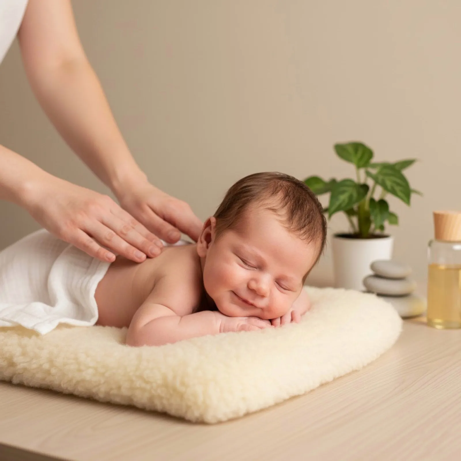 Ein Baby liegt entspannt auf einer weichen Unterlage und bekommt eine sanfte Rückenmassage