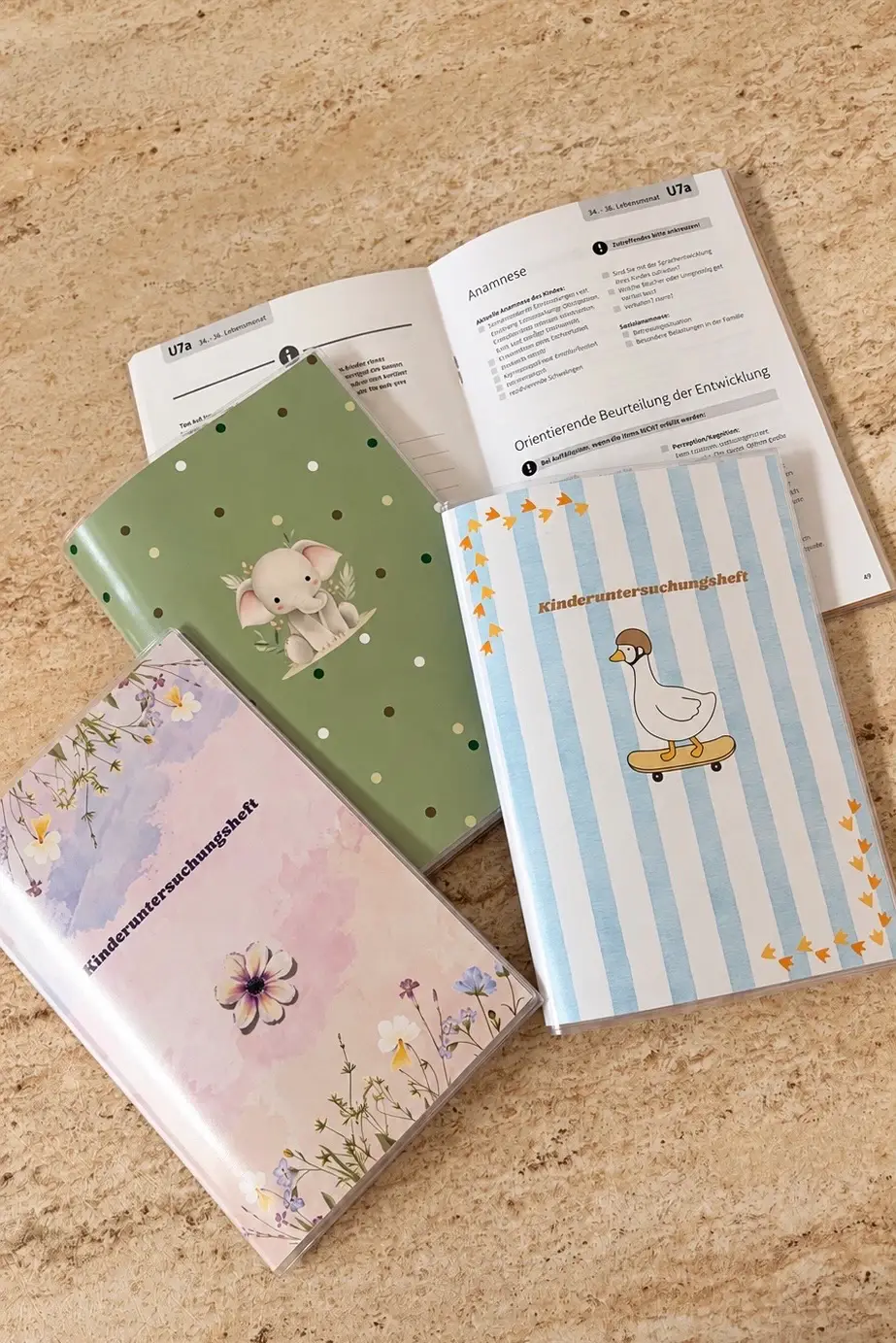 Drei Kinderuntersuchungshefte in Hüllen, rosa mit Blumen, grün mit Elefant und Punkten, hellblau gestreift mit einer Gans auf dem Skateboard, dahinter ein aufgeschlagenes U-Heft